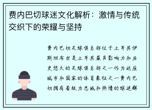 费内巴切球迷文化解析:激情与传统交织下的荣耀与坚持 费内巴切球迷文化解析:激情与传统交织下的荣耀与坚持