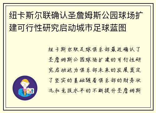 纽卡斯尔联确认圣詹姆斯公园球场扩建可行性研究启动城市足球蓝图 纽卡斯尔联确认圣詹姆斯公园球场扩建可行性研究启动城市足球蓝图